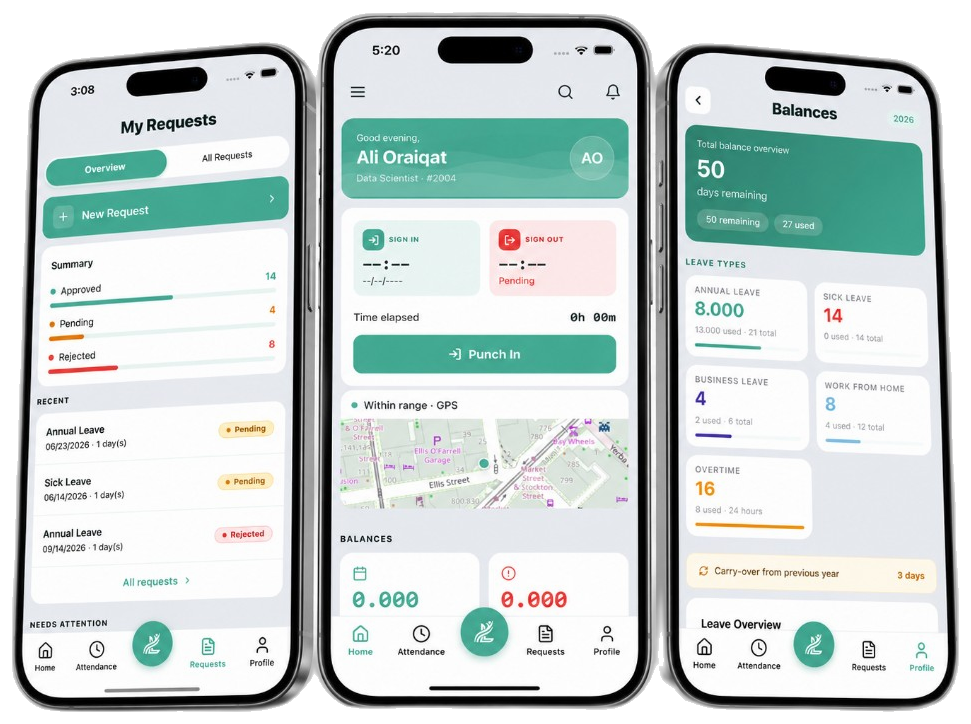 LevantHR mobile app screens showing requests, attendance, and balances